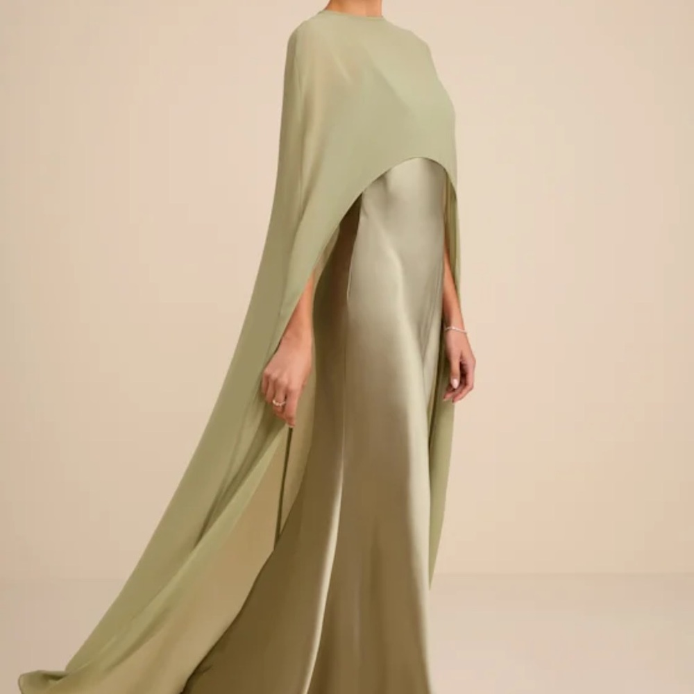 Elegant Olive Green Cape-Effect Evening Gown